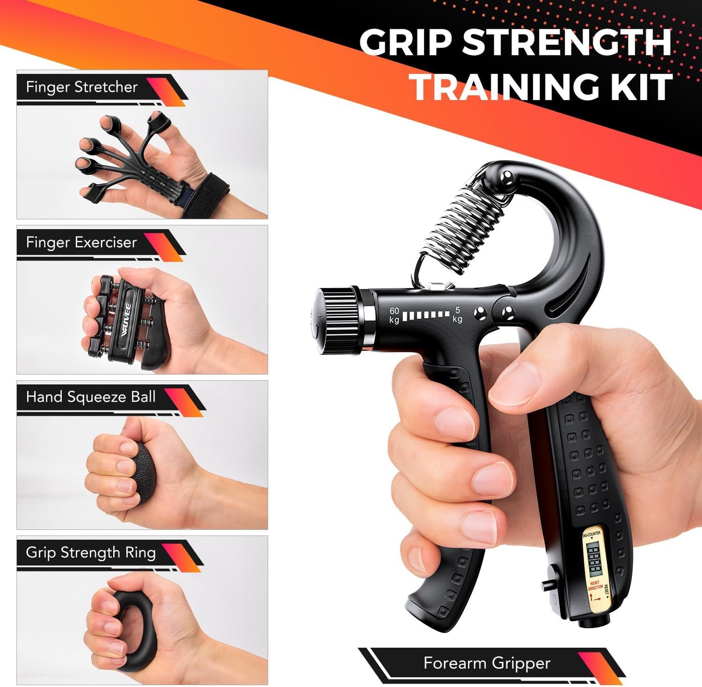 Grip Strength Trainer Kit (5 Pack) with Hand Grip Strengthener Electronic Counting, Forearm Strengthener, Finger Exerciser, Stress Relief Ball, and Forearm Workout Ring for Hand Therapy Forearm Strength Training