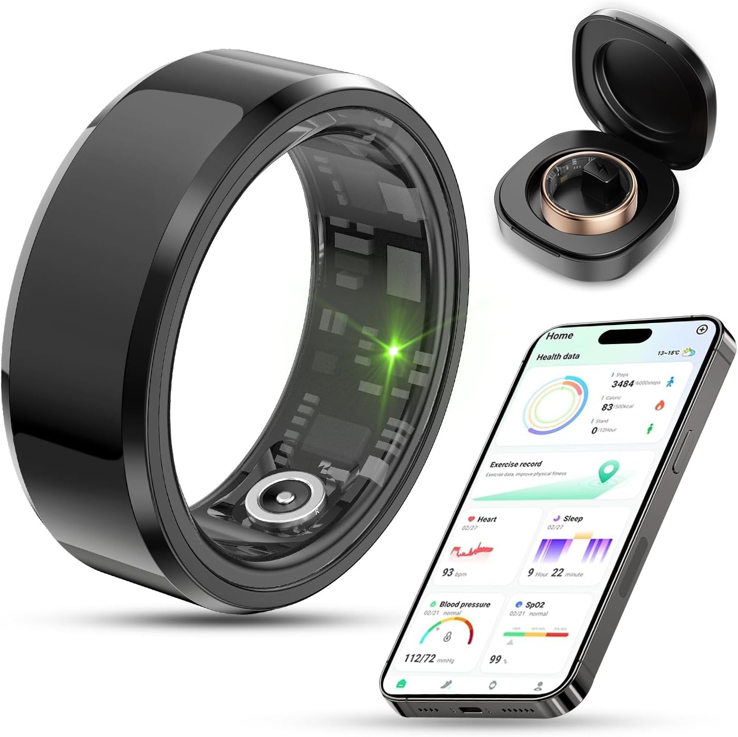 2025 Upgrade Smart Ring Health Tracker for Men Women - IP68 Waterproof Fitness Ring with Sleep Tracker/Heart Rate/Blood Oxygen/Steps/Distance/Calories, Air Shutter, Charging Case up to 7-Day